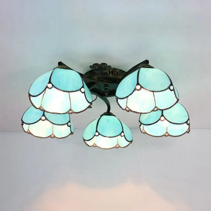 DecorBites tiffany stained glass ceiling light with five light blue and white flower-shaped shades in antique bronze