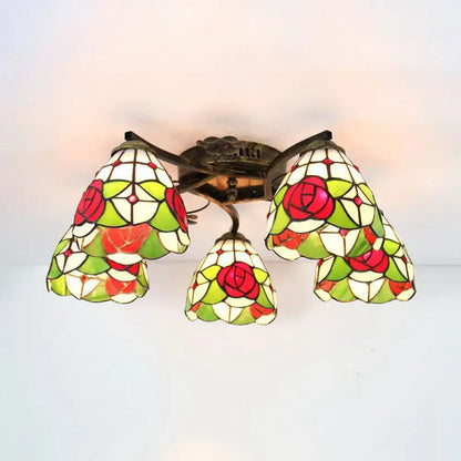 DecorBites tiffany stained glass ceiling light with antique bronze frame and red rose stained glass shades for bedroom