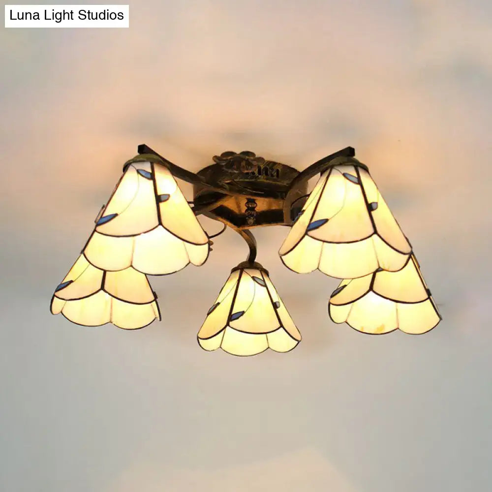 Decorbites™ tiffany stained glass ceiling light in antique bronze with three petal-shaped amber and blue shades for bedroom