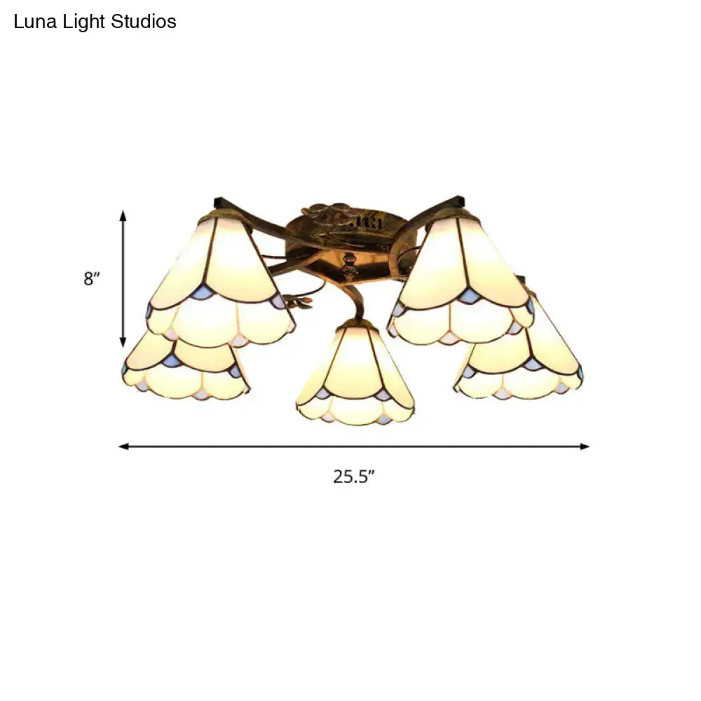 Decorbites tiffany stained glass ceiling light with five scalloped cream and light blue floral shades in antique bronze