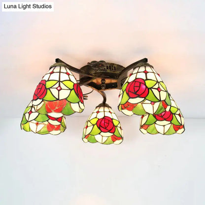 DecorBites tiffany stained glass ceiling light with antique bronze finish and four rose-patterned shades in red green cream