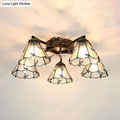 DecorBites™ tiffany stained glass ceiling light with three bell-shaped shades in antique bronze for bedroom use