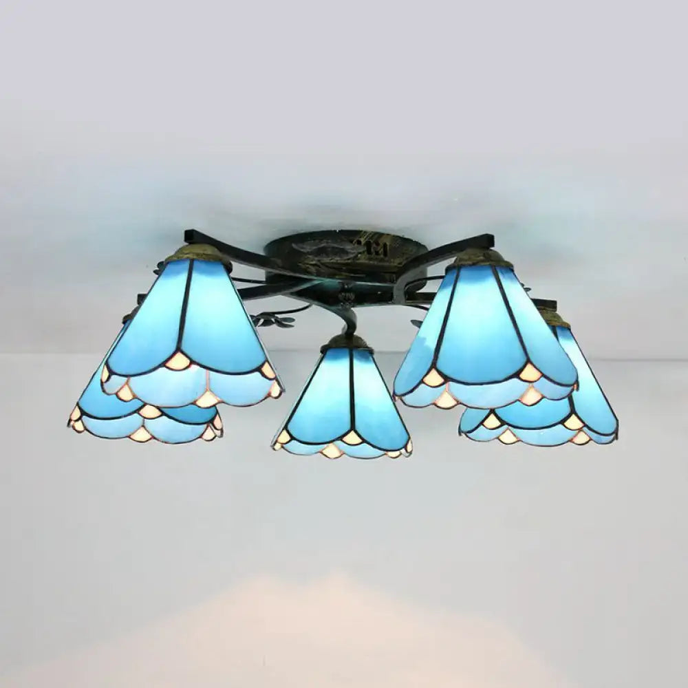DecorBites™ tiffany stained glass ceiling light in antique bronze with five blue bell-shaped shades for bedroom use