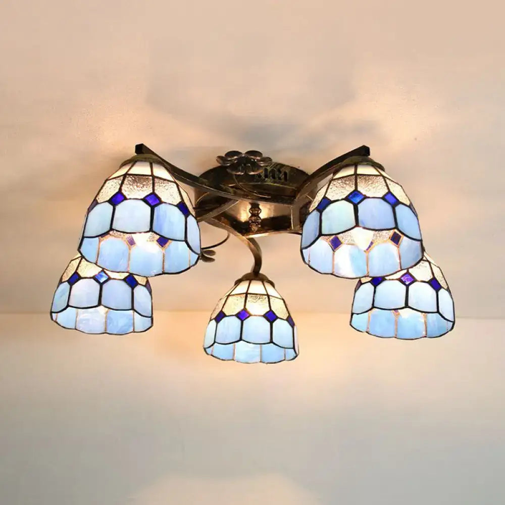Decorbites tiffany stained glass ceiling light with blue mosaic design and antique bronze finish for bedroom