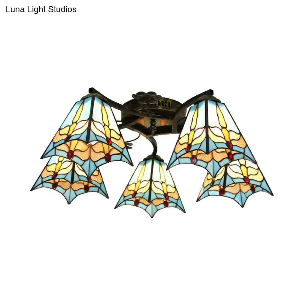 Tiffany stained glass ceiling light with five scalloped blue yellow amber shades in antique bronze for bedroom decor