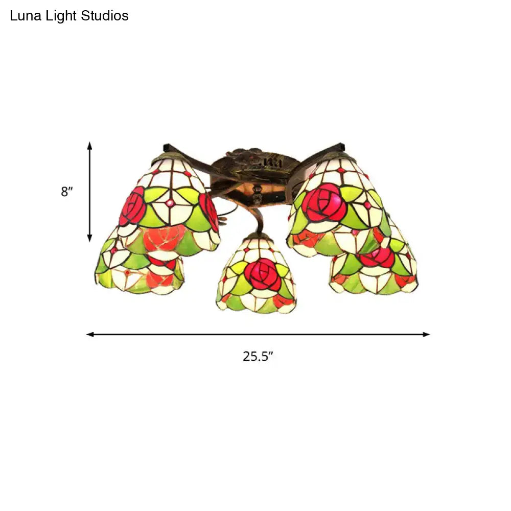Decorbites tiffany stained glass ceiling light in antique bronze with five scalloped rose-patterned shades in red green and cream
