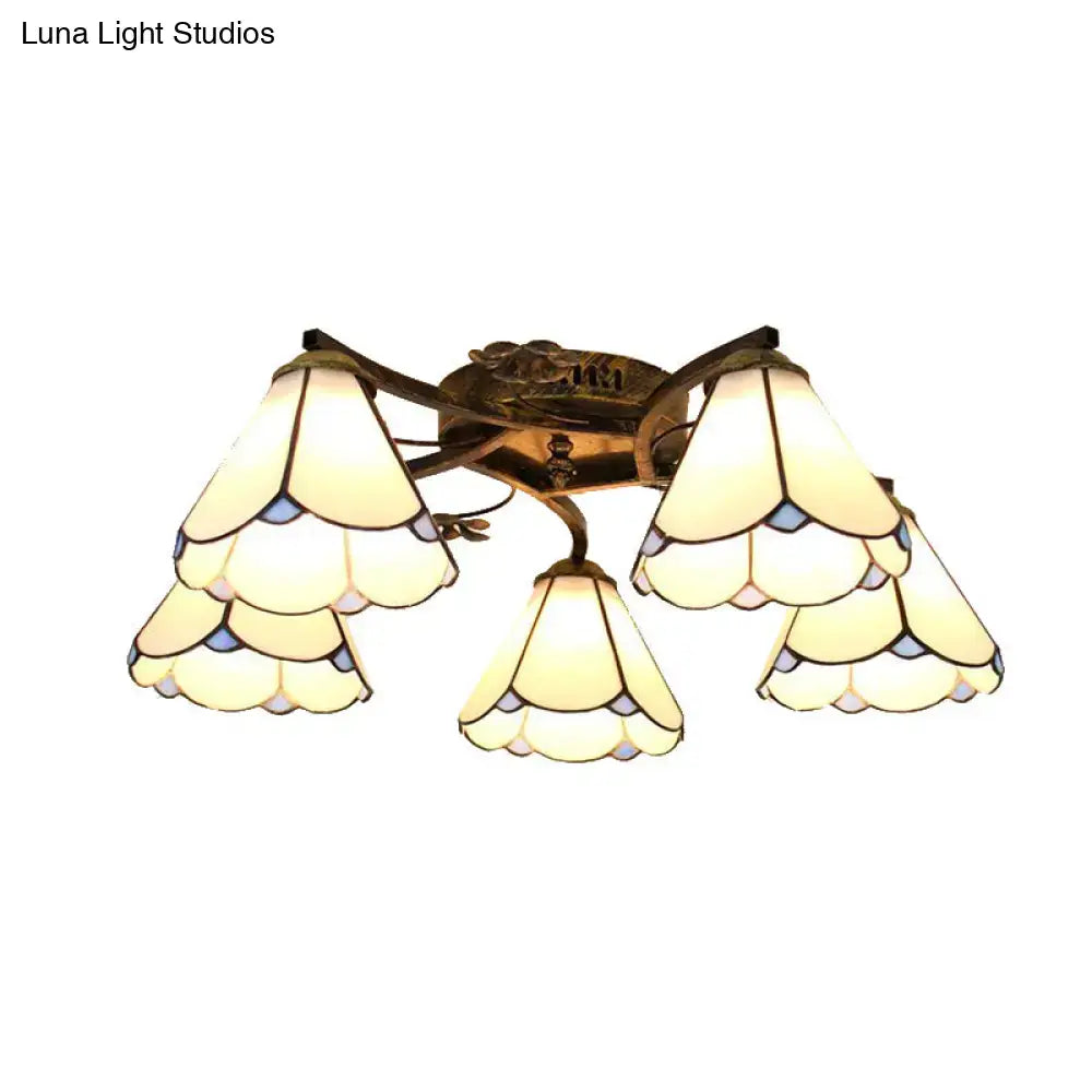 DecorBites tiffany stained glass ceiling light with five scalloped cream shades in antique bronze for bedroom use