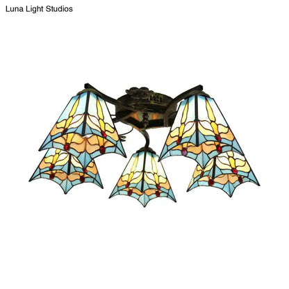 DecorBites™ Tiffany stained glass ceiling light with five wing-shaped shades in antique bronze for bedroom use