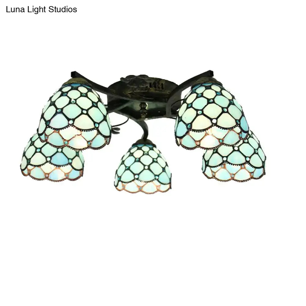 Decorbites tiffany stained glass ceiling light with five scalloped pale blue shades in antique bronze frame ideal for bedroom