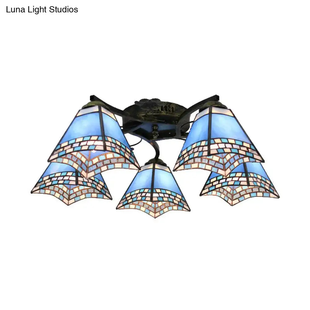 Decorbites tiffany stained glass ceiling light with blue mosaic patterns and antique bronze frame for bedroom use