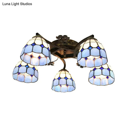 DecorBites tiffany stained glass ceiling light with blue and white scalloped heads and antique bronze finish