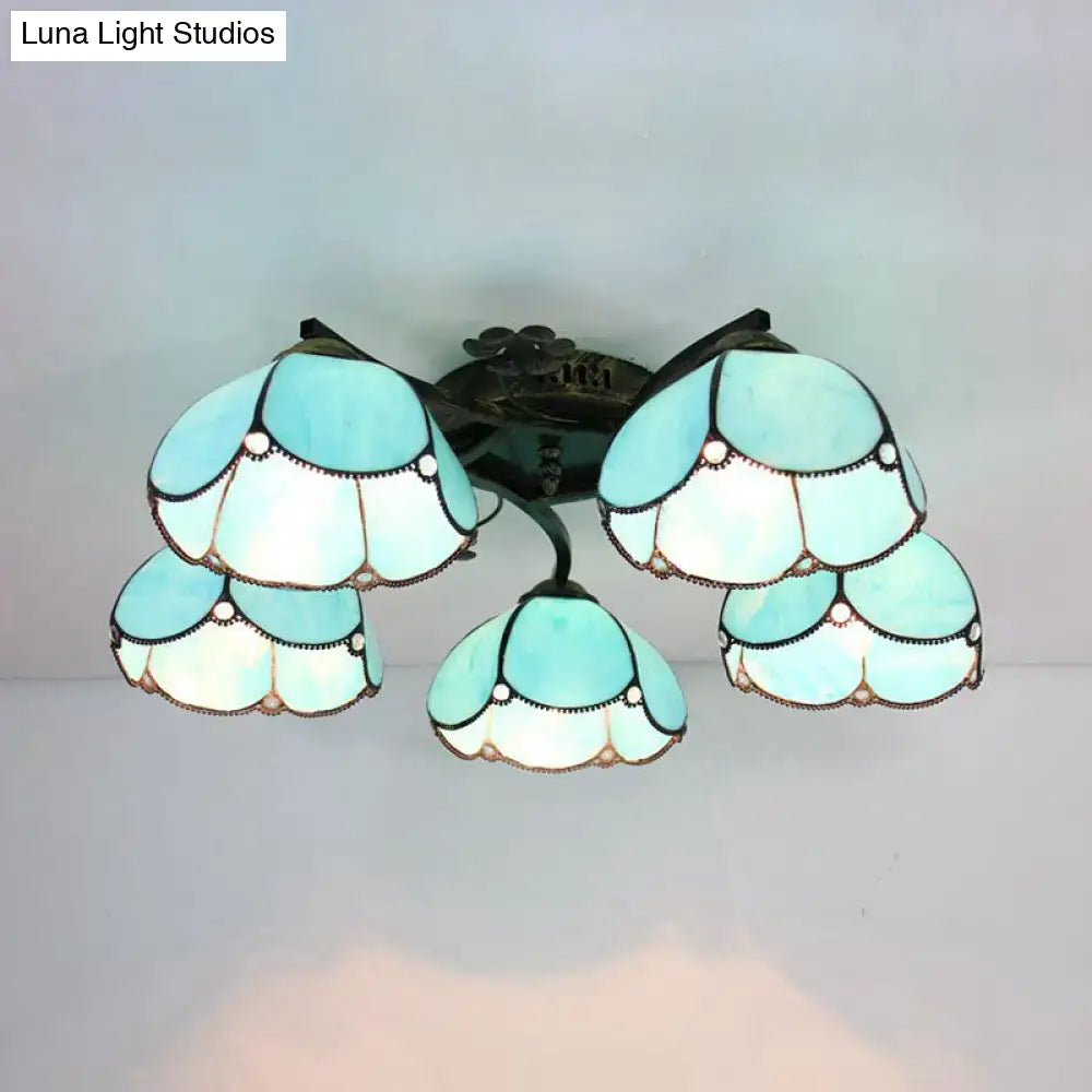 Decorbites tiffany stained glass ceiling light with five light blue white shades in antique bronze for bedroom use
