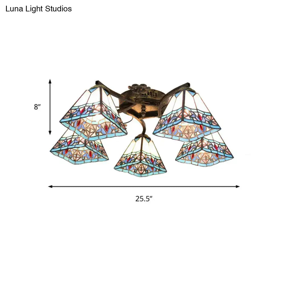 DecorBites ceiling light with five scalloped tiffany stained glass shades in blue red and clear within antique bronze frame