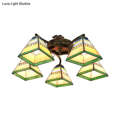 Decorbites tiffany stained glass ceiling light with five amber green and blue scalloped shades in antique bronze