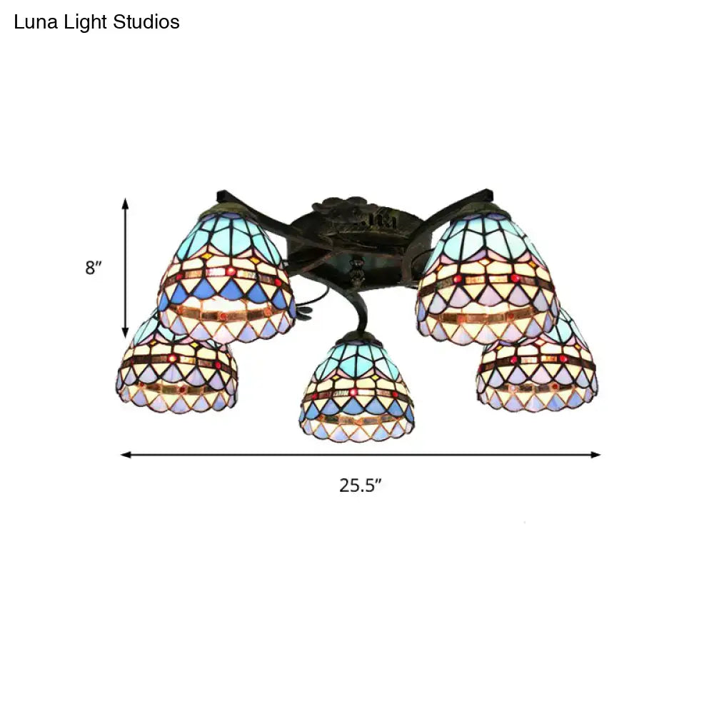 Decorbites tiffany stained glass ceiling light with five pastel blue lavender and cream shades in antique bronze