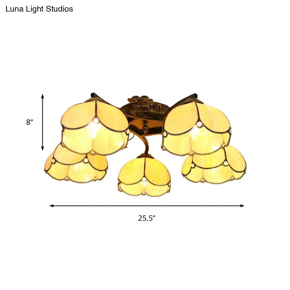 DecorBites tiffany stained glass ceiling light in antique bronze with yellow floral stained glass and scalloped heads