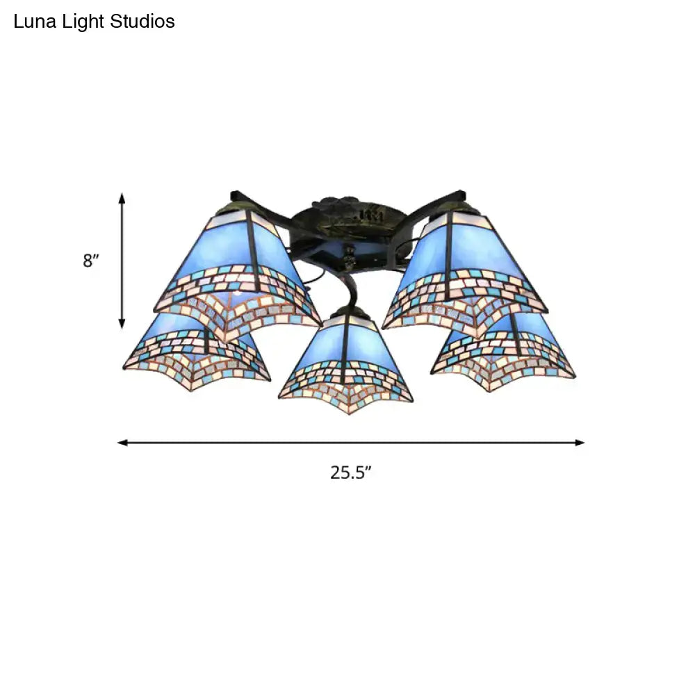 Decorbites tiffany stained glass ceiling light with blue and beige mosaic tiles and antique bronze frame for bedroom