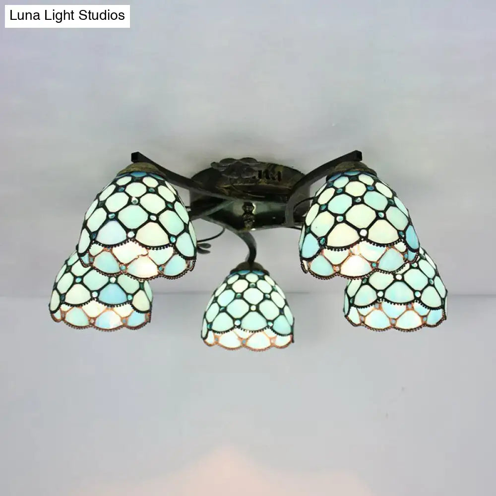 DecorBites tiffany stained glass ceiling light with five pale blue white shades and antique bronze ornate metal frame