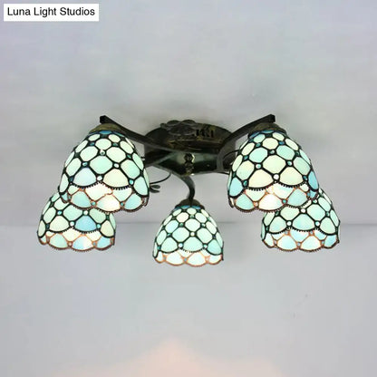 DecorBites tiffany stained glass ceiling light with five pale blue white shades and antique bronze ornate metal frame