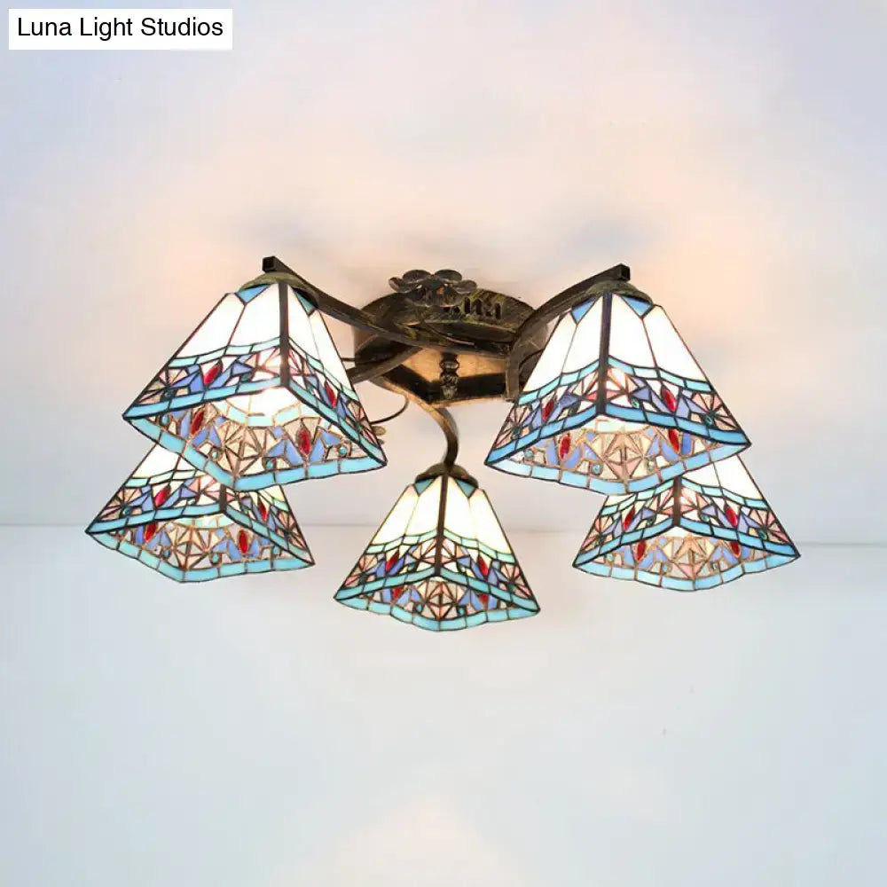 DecorBites™ tiffany stained glass ceiling light with five scalloped heads in blue red and clear glass in antique bronze