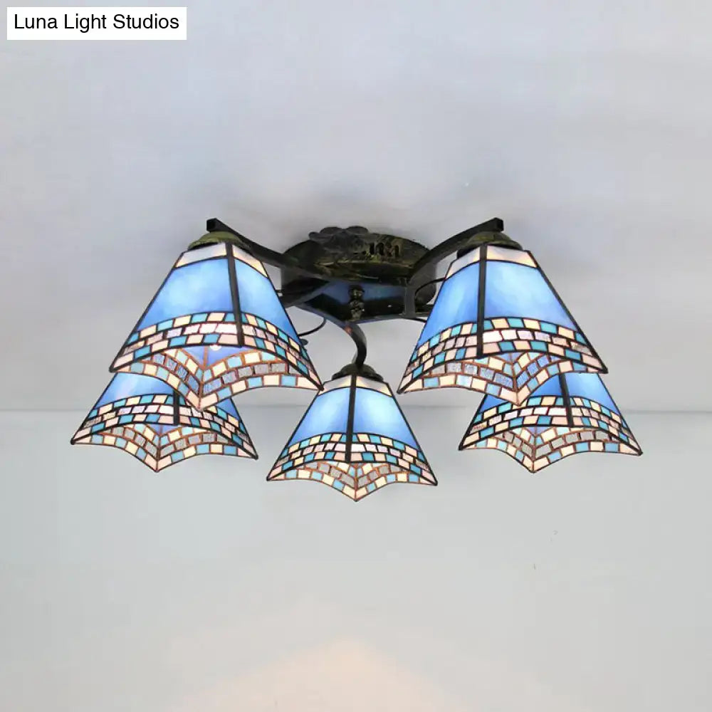 Decorbites tiffany stained glass ceiling light with blue mosaic pattern and antique bronze metal frame for bedroom