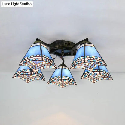 Decorbites tiffany stained glass ceiling light with blue mosaic pattern and antique bronze metal frame for bedroom