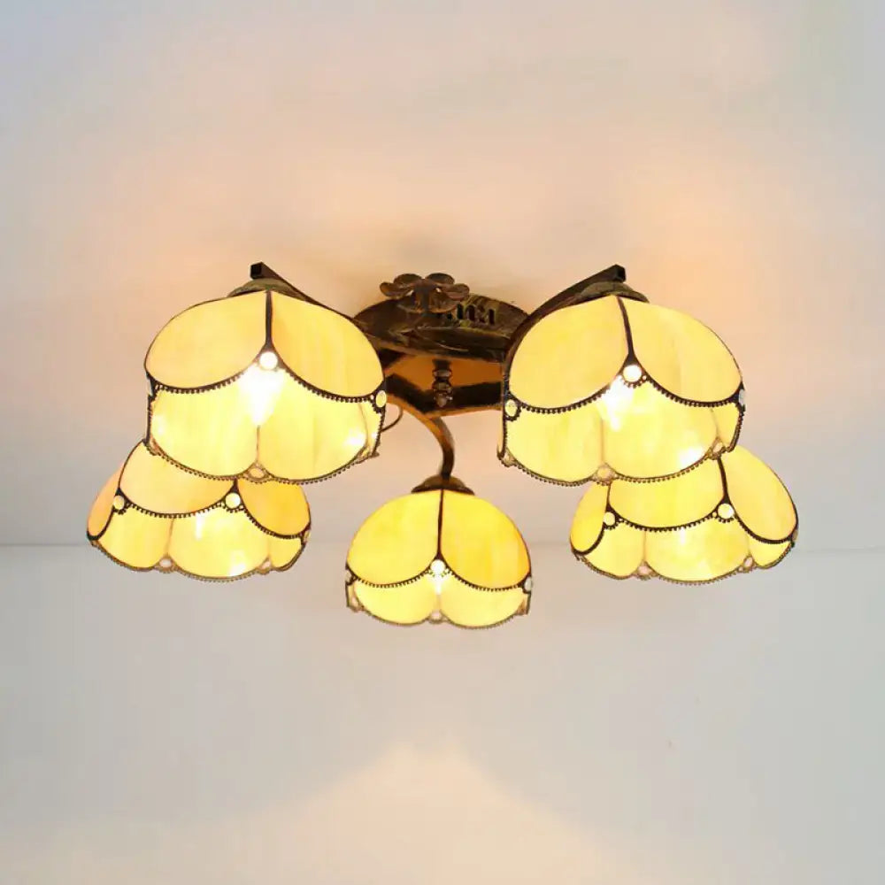 DecorBites™ tiffany stained glass ceiling light with yellow tulip-shaped shades and antique bronze accents for bedroom