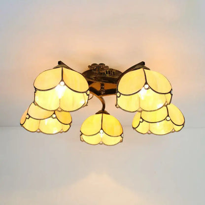 DecorBites™ tiffany stained glass ceiling light with yellow tulip-shaped shades and antique bronze accents for bedroom