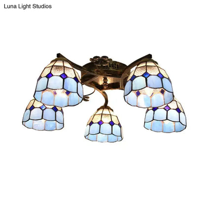 Decorbites tiffany stained glass ceiling light with 5 blue and white scalloped heads in antique bronze finish