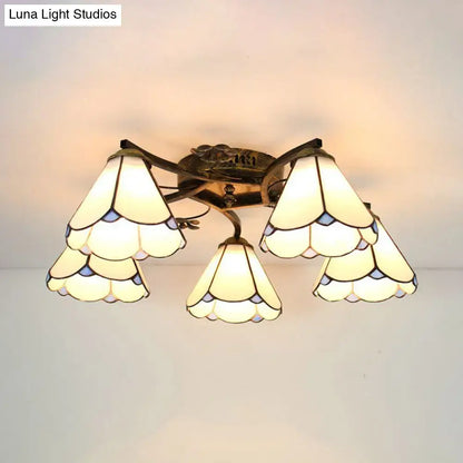 Decorbites tiffany stained glass ceiling light with five cream and pale blue shades in antique bronze frame for bedroom