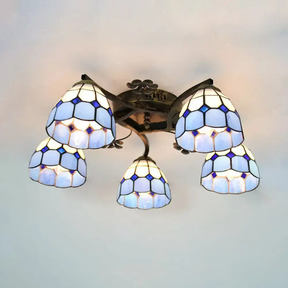 Decorbites tiffany stained glass ceiling light with 5 blue and white scalloped heads in antique bronze finish