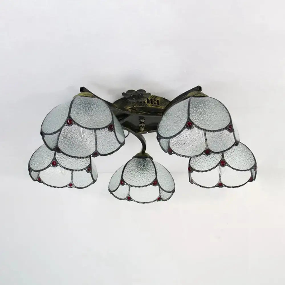 Vintage-style DecorBites™ Tiffany stained glass ceiling light in antique bronze with five frosted blossom lampshades