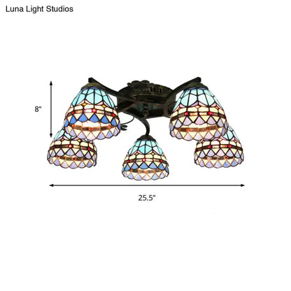 DecorBites Tiffany stained glass ceiling light with five pastel shades and antique bronze scalloped heads for bedroom