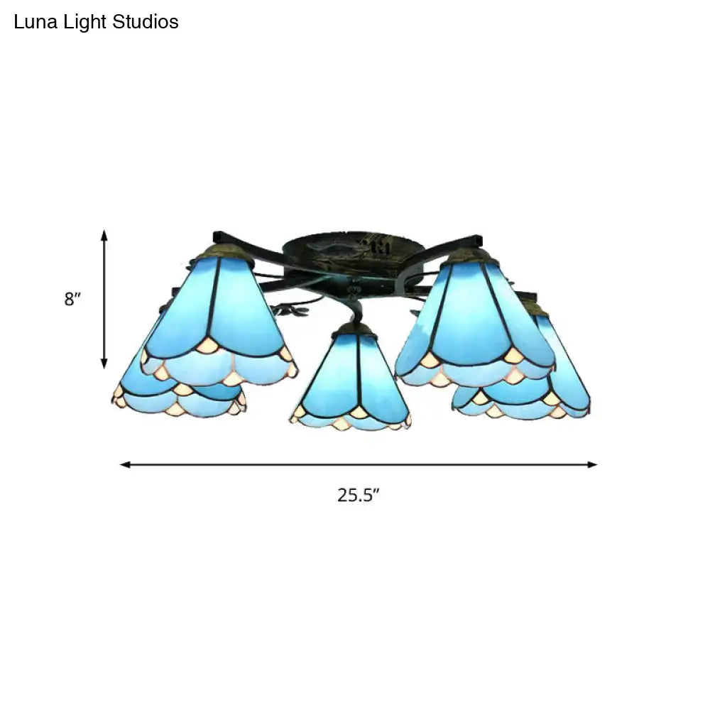 Blue tiffany stained glass ceiling light fixture with five petal-shaped shades in antique bronze finish for bedroom use
