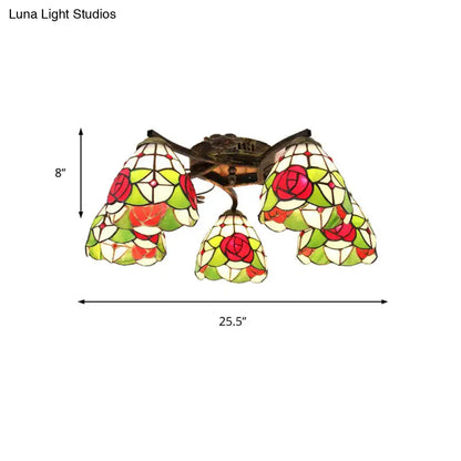 Decorbites tiffany stained glass ceiling light in antique bronze with five scalloped rose-patterned shades in red green cream