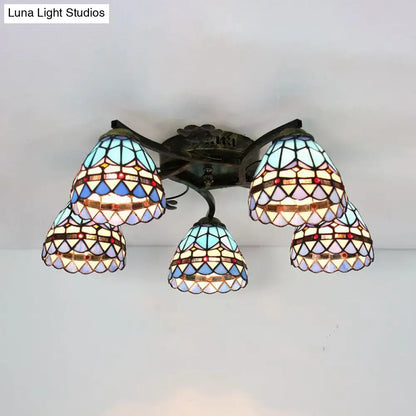 Decorbites tiffany stained glass ceiling light with five scalloped shades in antique bronze for bedroom lighting