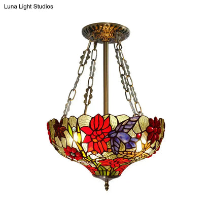 DecorBites™ Tiffany stained glass flower semi flush ceiling light with 3 red heads in an ornate brass frame inch fixture