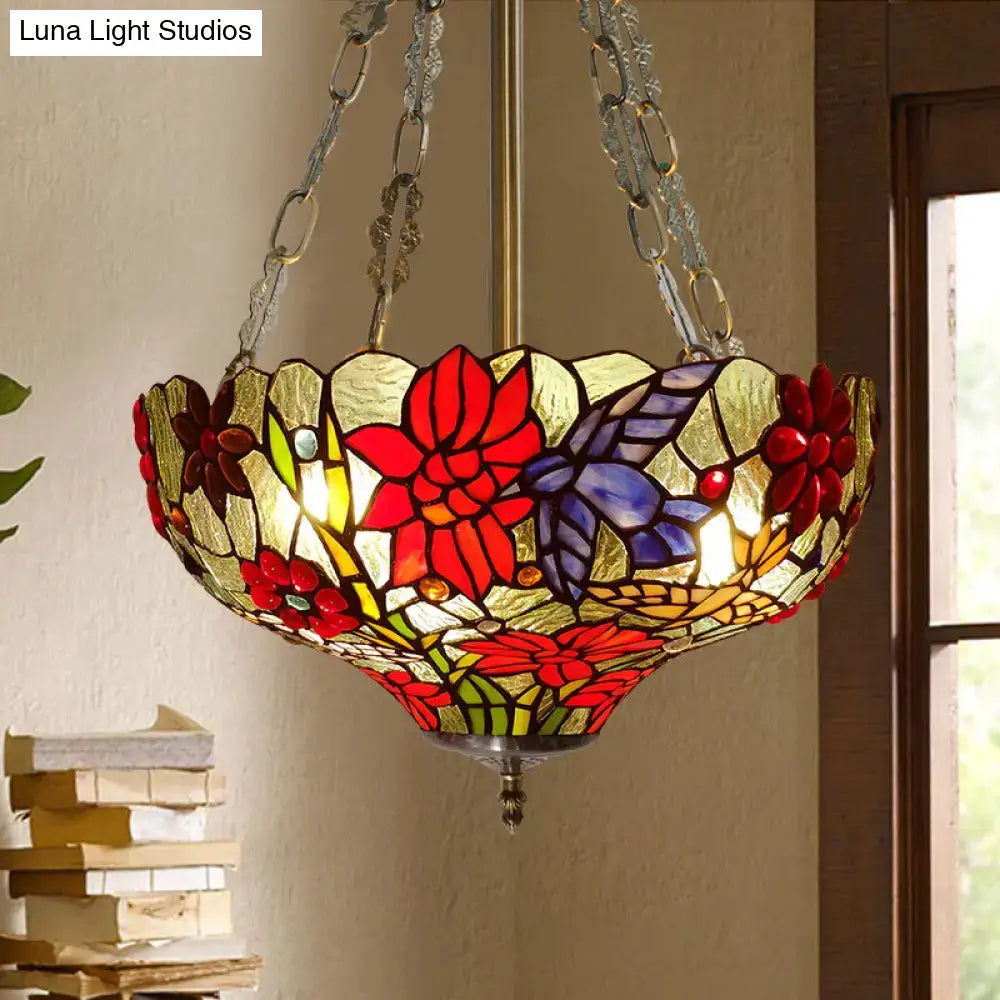 Vibrant decorbites™ semi flush ceiling light with red purple and gold stained glass floral patterns 12 inch fixture