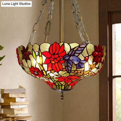 Vibrant decorbites™ semi flush ceiling light with red purple and gold stained glass floral patterns 12 inch fixture