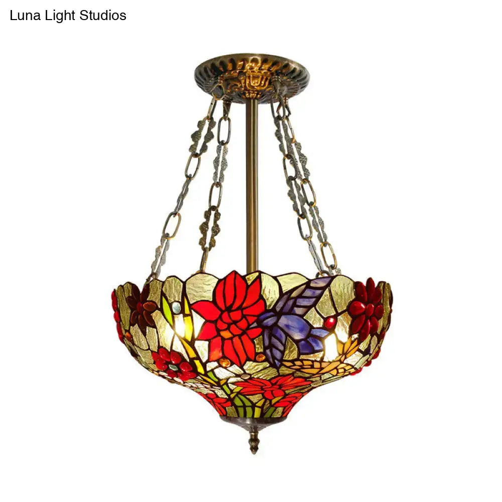 DecorBites™ 12 inch semi flush ceiling light with tiffany stained glass floral design in red purple and yellow hues