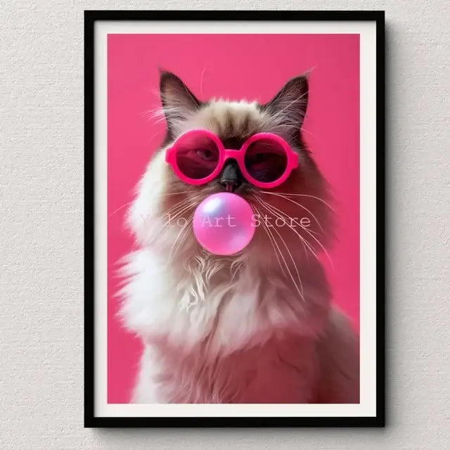 Framed DecorBites™ tiger canvas wall art print featuring a fluffy cat with pink sunglasses blowing bubblegum on pink background