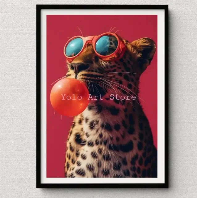 Decorbites™ tiger canvas wall art print featuring a leopard with red sunglasses and orange bubblegum on pink background