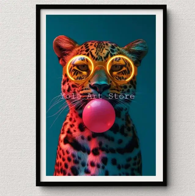 Decorbites™ tiger canvas wall art print featuring a vibrant leopard portrait with gold glasses and pink bubblegum