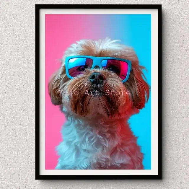 A framed DecorBites™ tiger canvas wall art print featuring a fluffy brown dog with blue and pink reflective sunglasses