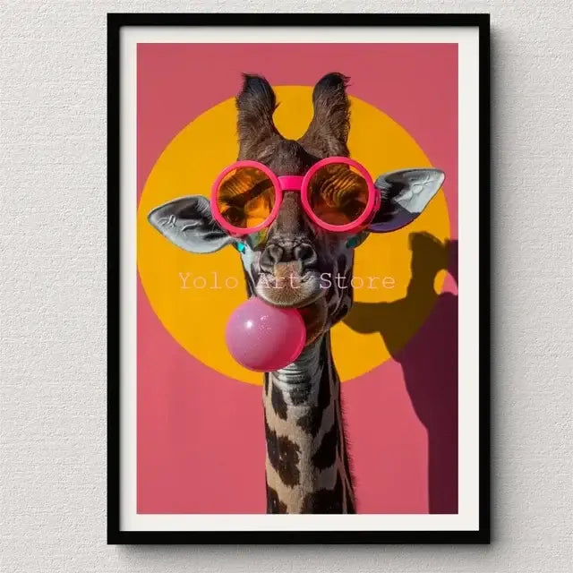 A framed DecorBites™ wall art print of a giraffe with pink sunglasses blowing bubblegum on a vibrant pink and yellow background