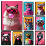 DecorBites™ tiger canvas wall art print with vibrant pink frame features a fluffy cat with sunglasses blowing bubblegum