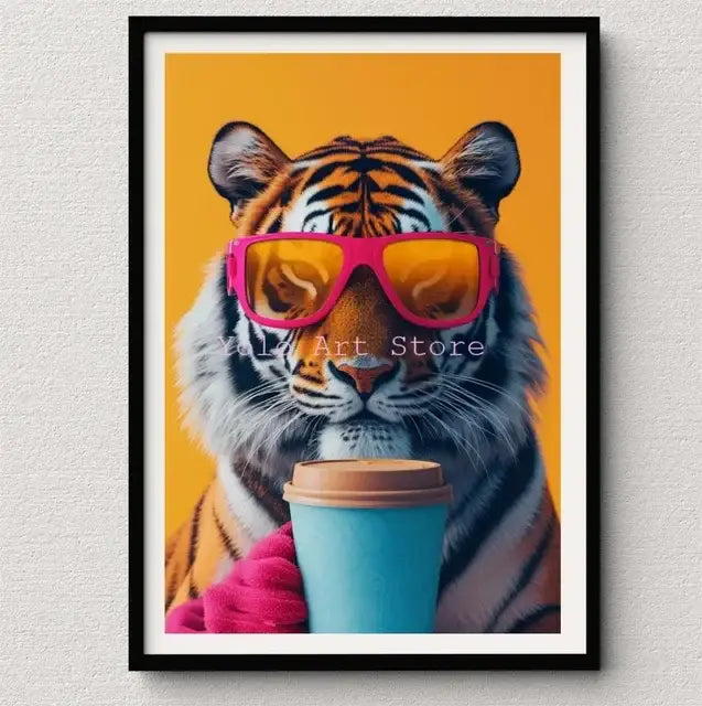 DecorBites™ tiger canvas wall art print featuring a vibrant orange tiger with pink sunglasses and a blue coffee cup