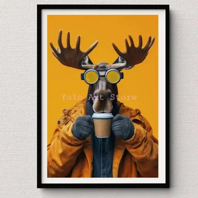 A framed decorbites™ tiger canvas wall art print featuring a whimsical moose in yellow goggles and orange jacket holding coffee