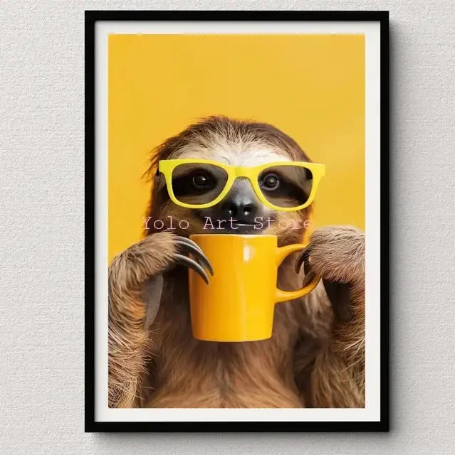 A framed decorbites™ tiger canvas wall art print featuring a sloth with yellow sunglasses and mug on a yellow background