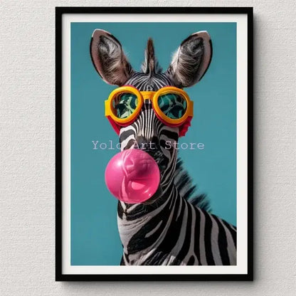 DecorBites™ tiger canvas wall art print featuring a zebra with black and white stripes and yellow sunglasses blowing pink bubblegum